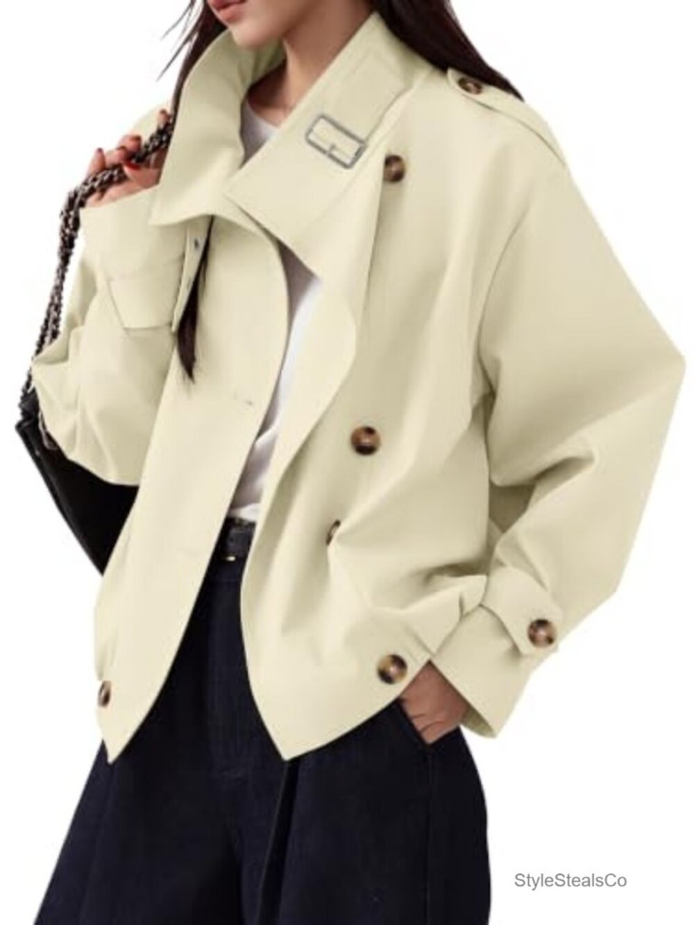 Cropped Trench Coat Vintage Button Jacket with Pockets 100% Polyester